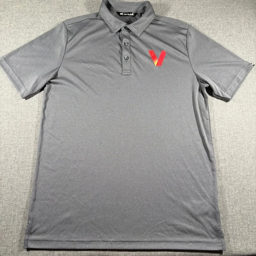 TravisMathew Polo Shirt Mens Medium Grey Red V Logo Short Sleeve Performance